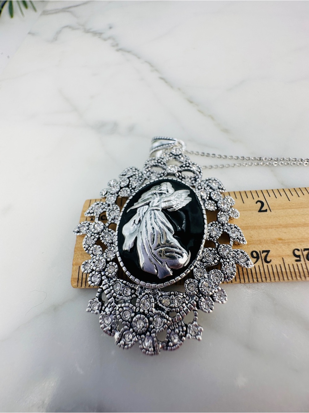 JTV Guardian Angel Necklace Black Enamel Pendant Silver Tone Rhinestones Titanic - Picture 9 of 10